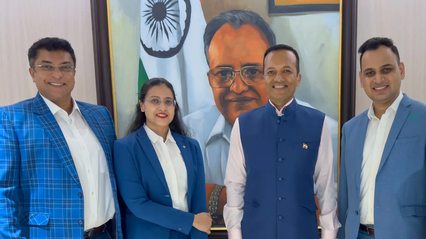 Lithvik Mukesh Sharma is photographed with Naveen Jindal (Chairman of Jindal Steel and founding chancellor of O.P. Jindal Global University), Dr. Jyoti Kush, and Dr. Binu at a New Delhi evening